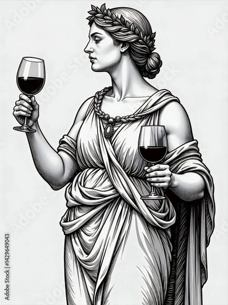 Fototapeta A black and white illustration of a woman in a classical robe holding two wine glasses, adorned with a laurel crown