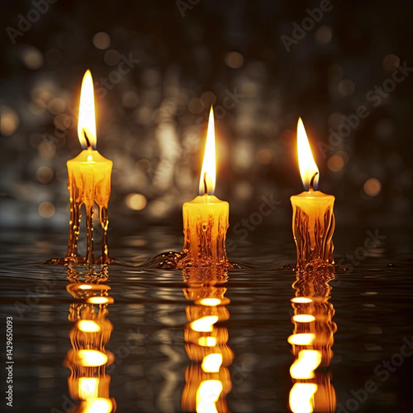 Obraz Close-up of Three Wax-Dripped Candles Burning Softly in Warm Glow 