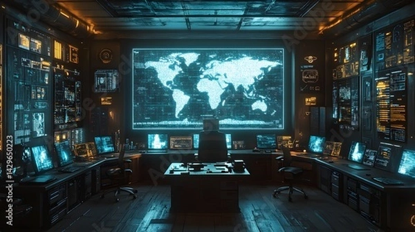 Fototapeta A futuristic command center displays global data on massive screens, showcasing advanced cybersecurity and surveillance technology. Digital Futuristic Global Monitoring Center with holographic display