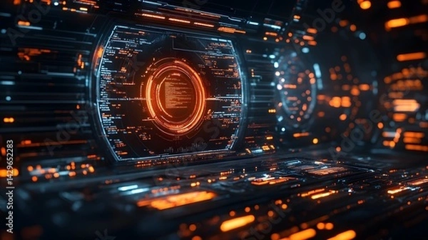 Fototapeta A close-up of a futuristic digital interface, showcasing a vibrant display with glowing orange and blue elements. Digital Futuristic Tech Interface: Digital HUD Display