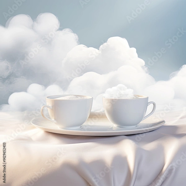 Obraz Surreal Scene with Two White Porcelain Coffee Cups Placed Elegantly 