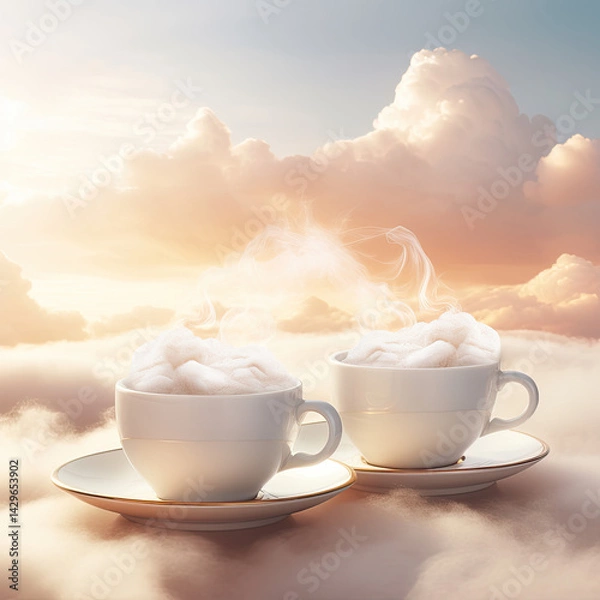 Obraz Two Elegant White Coffee Cups Gently Resting on a Soft Surface