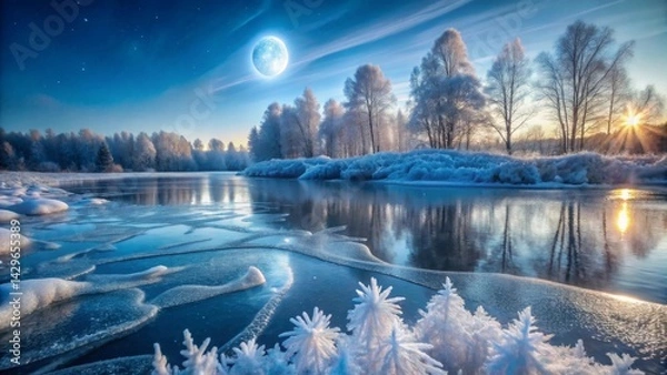 Fototapeta Serene Winter Landscape Frost-Covered Trees Reflect in a Partially Frozen River Under a Bright Moon and Rising Sun