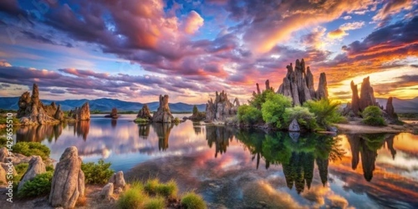 Fototapeta Serene Sunset over a Still Lake with Dramatic Rock Formations Reflecting in the Water