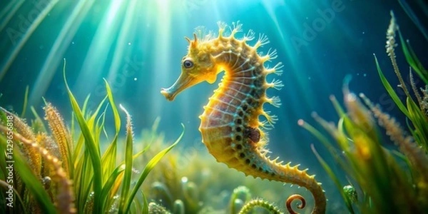 Fototapeta A radiant seahorse gracefully swims amidst vibrant underwater flora, bathed in sunlit ocean depths.