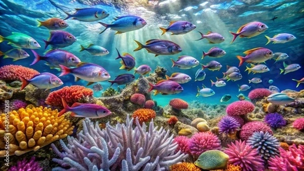 Fototapeta Vibrant Reef Ecosystem A Colorful Underwater Scene Showcasing Diverse Marine Life and Coral Formations