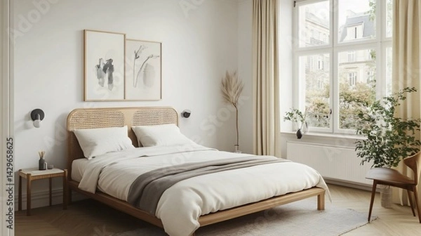 Fototapeta Minimalist Bedroom Interior With Rattan Bedframe ideal for company blog post visuals