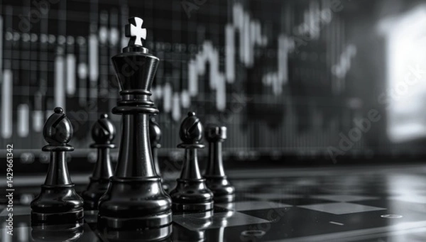 Obraz Black & white chess pieces on a board, stock market charts background trading concept, graphic elements. Copy space. High quality.