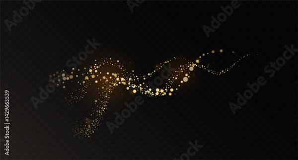 Fototapeta Gold, glowing magic dust trail effect on dark transparent background. Realistic wavy glowing path with round shaped sparkles or glitter. Vector illustration for graphic design, photo overlays, digital