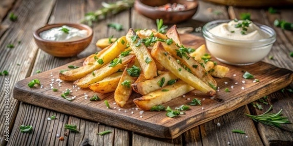 Fototapeta Golden-brown potato wedges seasoned with herbs, served with creamy dips on a rustic wooden board