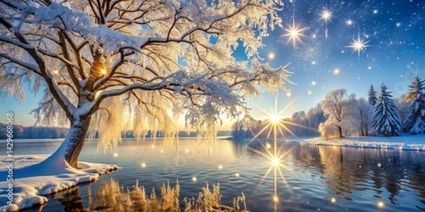 Fototapeta Serene Winter Sunrise Over a Sparkling Lake with Snow-Covered Trees and a Magical Sky