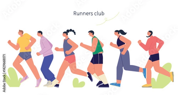 Obraz Diverse group of people running together in a runners club. Flat vector illustration of healthy lifestyle, teamwork, and outdoor jogging activity.