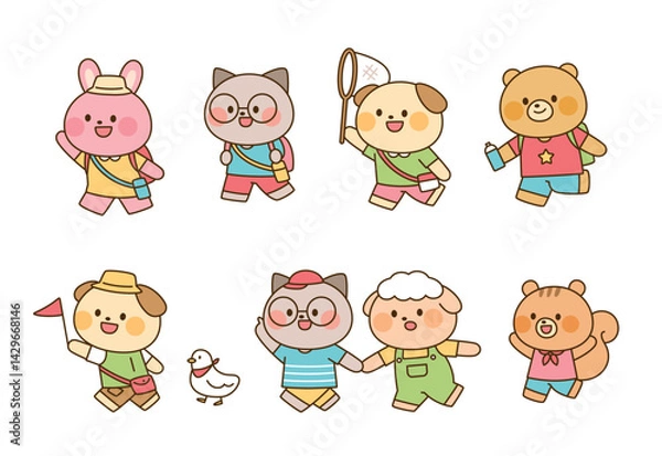 Obraz Cute animal friends going on a picnic together. Flat cartoon illustration featuring bunny, bear, cat, dog, sheep, and squirrel in colorful preschool outfits.