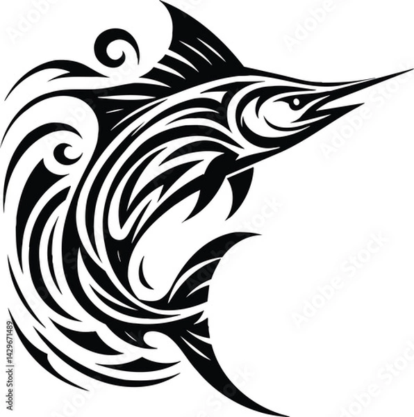 Fototapeta Dynamic Marlin Silhouette with Tribal Art Leaping from Waves