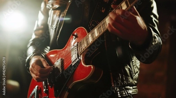 Obraz Guitarist Performing on Stage Red Electric Guitar Close Up suitable for multimedia project component