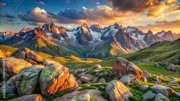 Fototapeta Golden Hour Illumination Across Majestic Mountain Range and Verdant Valley