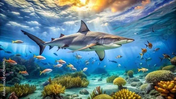 Fototapeta Majestic Shark in Vibrant Underwater Paradise with Sunbeams and Colorful Coral Reef