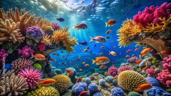 Fototapeta Vibrant Reef Ecosystem A Colorful Panorama of Underwater Life Featuring Diverse Coral Formations and a School of Tropical Fish Swimming in Crystal Clear Waters
