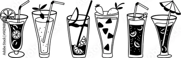 Fototapeta Line art illustration of various cocktails and drinks with straws and garnishes.