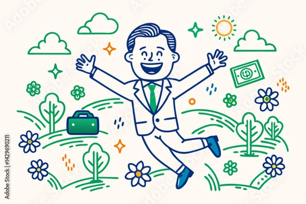 Fototapeta Happy businessman jumping with joy amidst nature, briefcase, and money.