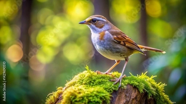 Fototapeta A Small Bird Perched on Mossy Log in Forest with a Soft, Green, and Sunny Background