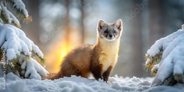 Fototapeta A majestic pine marten, elegantly poised amidst a pristine snowy landscape, bathed in the warm glow of a winter sunset.