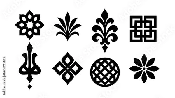 Fototapeta Vector set of black ornamental icons featuring floral, geometric, and cultural motifs in bold silhouette style