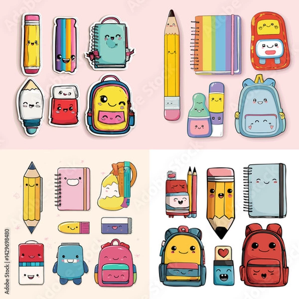 Fototapeta Adorable cartoon school supplies including pencils, backpacks, notebooks, and erasers with smiling faces. Perfect for kids’ stationery, classroom decor, and educational illustrations.


