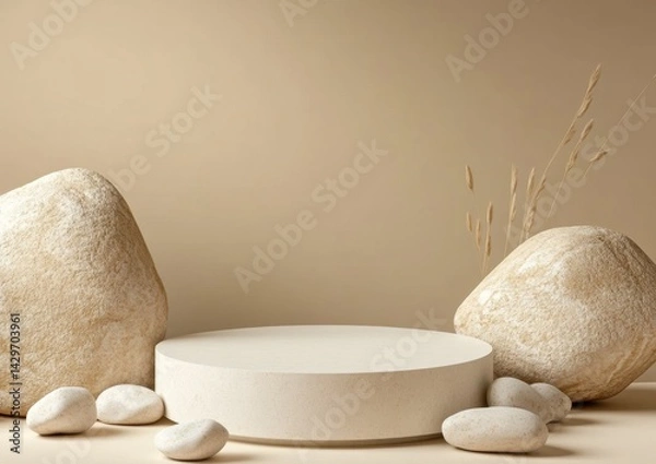 Fototapeta Beige minimalist product display with natural elements