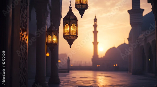 Fototapeta Sunset at Historic Mosque with Traditional Lantern. Scenic view of a mosque at sunset with lanterns enhancing the ambiance, ideal for travel and culture promotions.