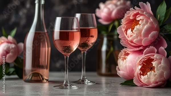 Fototapeta  trending stock photo of close up glasses of rose wine and peony flowers for still life design use 