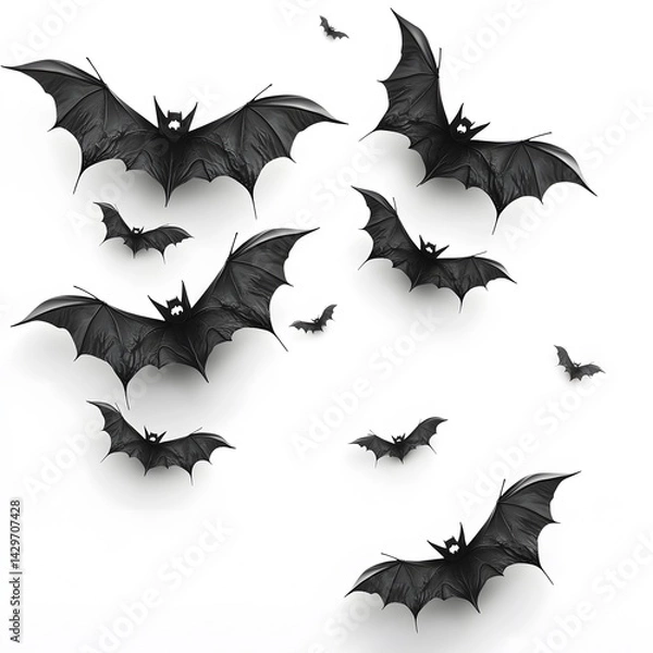 Obraz  A minimalistic Halloween banner layout with realistic black bats flying across a clean white space, modern flat style with realistic shading
