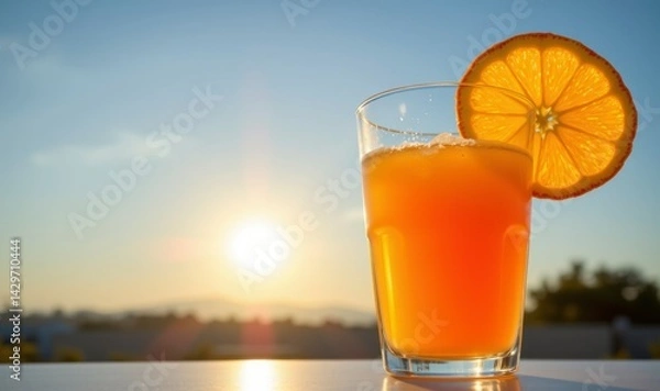 Fototapeta Refreshing Orange Drink with Ice on a Sunset Background and a Slice of Orange on the Glass Rim