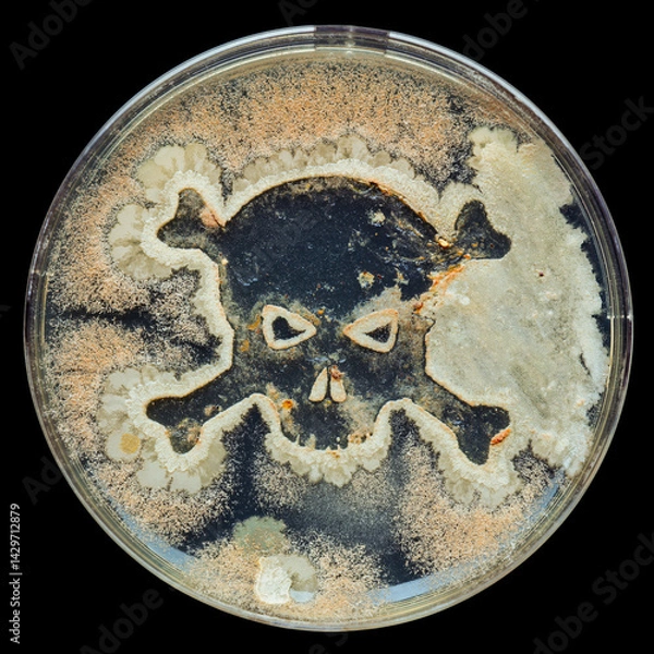 Obraz Petri dish filled with several cultures of bacteria in the shape of a skull and cross bones showing the dangers of germs, bacterial infections, and deadly diseases.