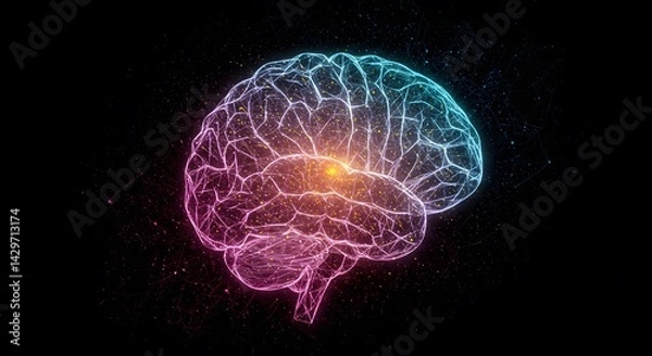 Fototapeta An abstract, wireframe brain is depicted with vibrant neon colors on a dark background, symbolizing knowledge, consciousness, and thought.