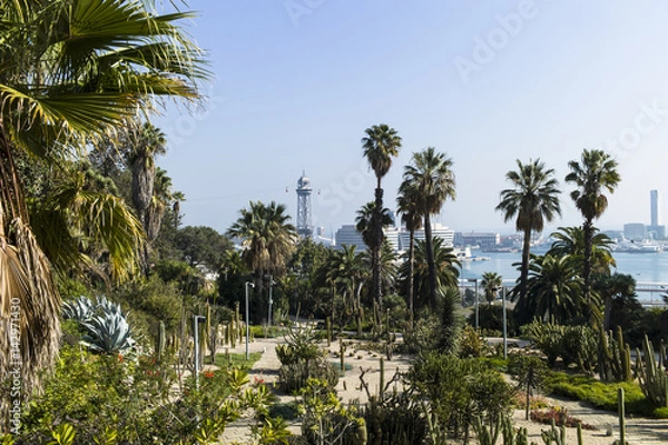 Obraz Historic funicular ropeway of Barcelona Spain seen from the botanic gardens of Joan Brossa.