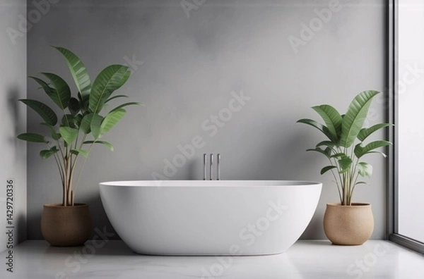 Fototapeta Modern bathroom interior with freestanding bathtub,  two potted plants flanking it, and a minimalist grey wall.  Large window provides natural light.