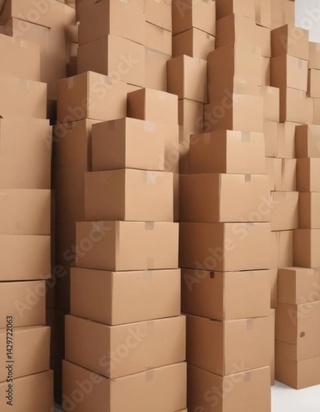 Fototapeta Neatly stacked brown cardboard boxes on white background , simple, craft, dispose