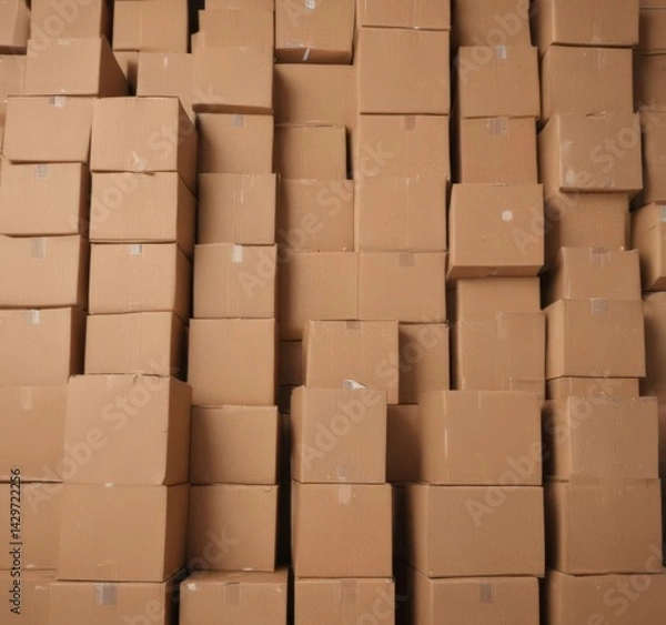 Fototapeta Neatly stacked brown cardboard boxes ready for disposal , organized, recycling, management