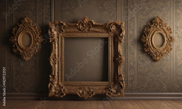 Fototapeta Ornate vintage frames, damask backdrop, intricate details,  floral,  motif,  gold