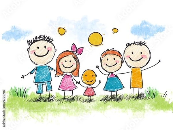 Fototapeta Happy Family: Childlike Sketch of Joyful Kids and Parents