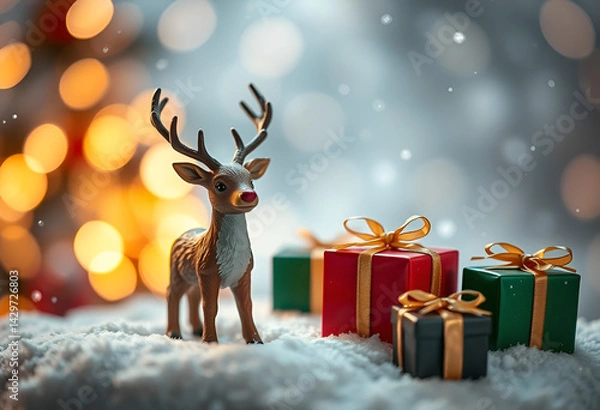 Fototapeta Christmas Reindeer with Gift Boxes on Snowy Background and Bokeh Lights"