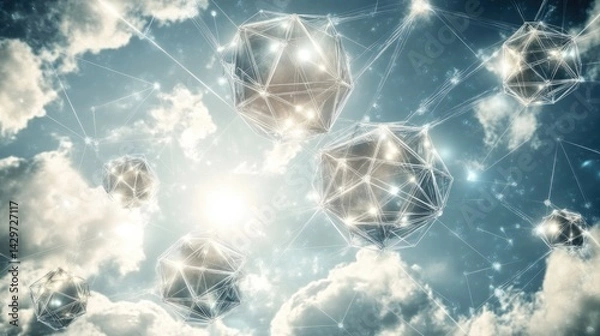 Fototapeta Geometric shapes interconnected in a cloud-based network.