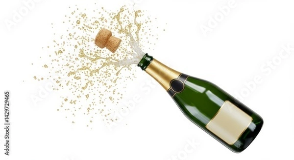 Fototapeta Champagne bottle popping open with cork flying and liquid splashing for celebration success party event festive occasion new year