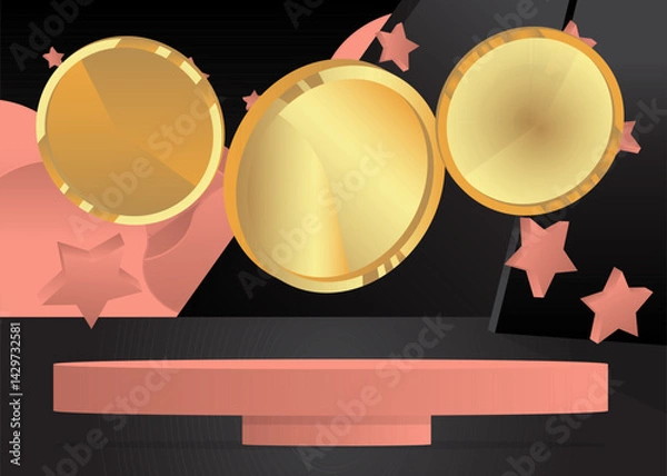 Fototapeta Mockup product display with Gold Coin. Vector cylinder pedestal podium. Stage showcase for presentation. Minimal geometric forms.