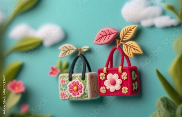 Fototapeta Here's a description and keywords:

A whimsical, handcrafted scene featuring two decorative bags adorned with floral details, nestled amidst foliage and fluffy clouds on a vibrant backdrop, giving a s