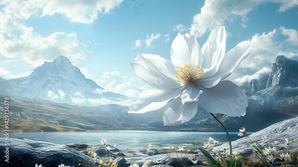 Obraz Majestic white flower blooms by a serene mountain lake.