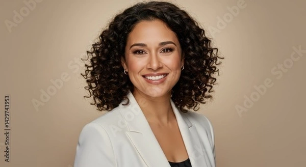 Obraz Woman in white blazer and black top smiling warmly at the camera