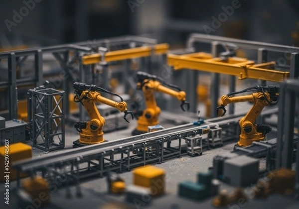 Fototapeta Miniature Factory Floor with Three Yellow Robot Arms