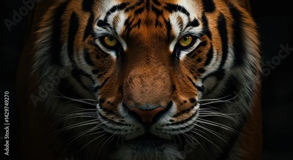 Fototapeta Close-up of a tiger's face with intense yellow eyes and dramatic lighting